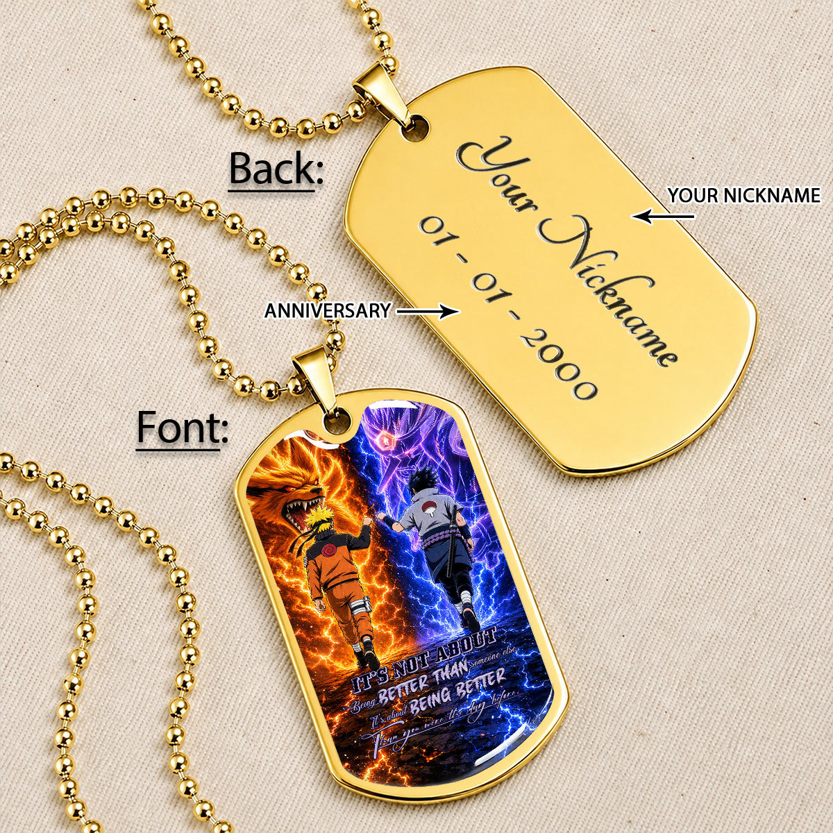 Naruto Dog Tag Necklace - NADL009 - Naruto Uzumaki - Sasuke Uchiha - Better Than You Were The Day Before