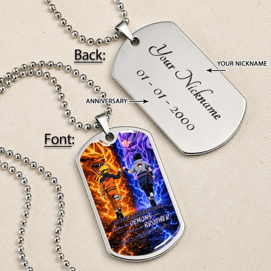 Naruto Dog Tag Necklace - NADL010 - Naruto Uzumaki - Sasuke Uchiha - Call On Me Brother - Military Ball Chain