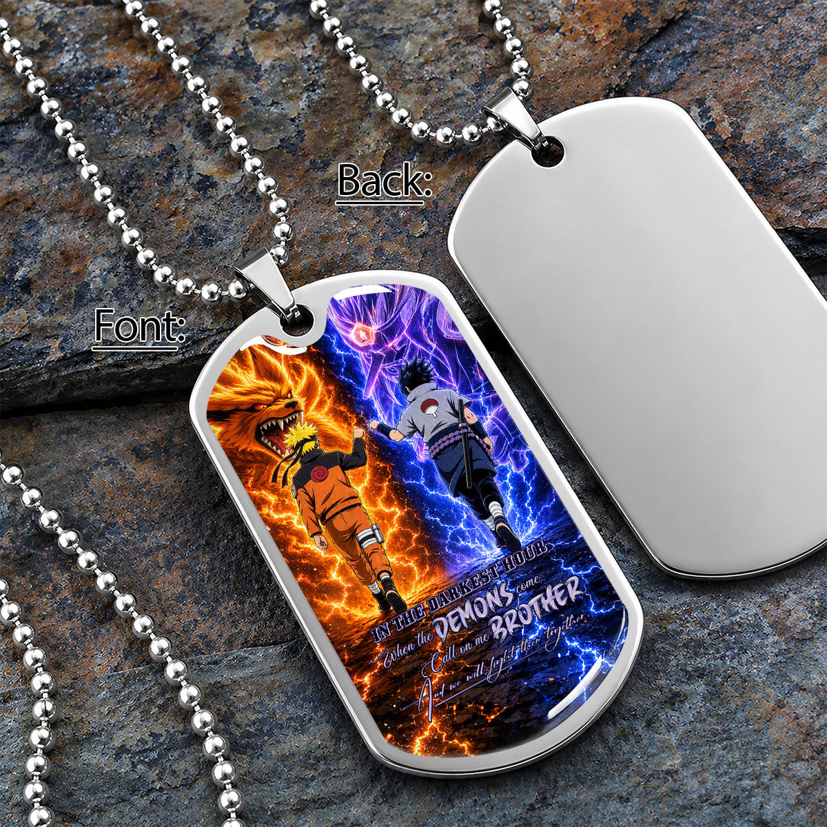 Naruto Dog Tag Necklace - NADL010 - Naruto Uzumaki - Sasuke Uchiha - Call On Me Brother - Military Ball Chain