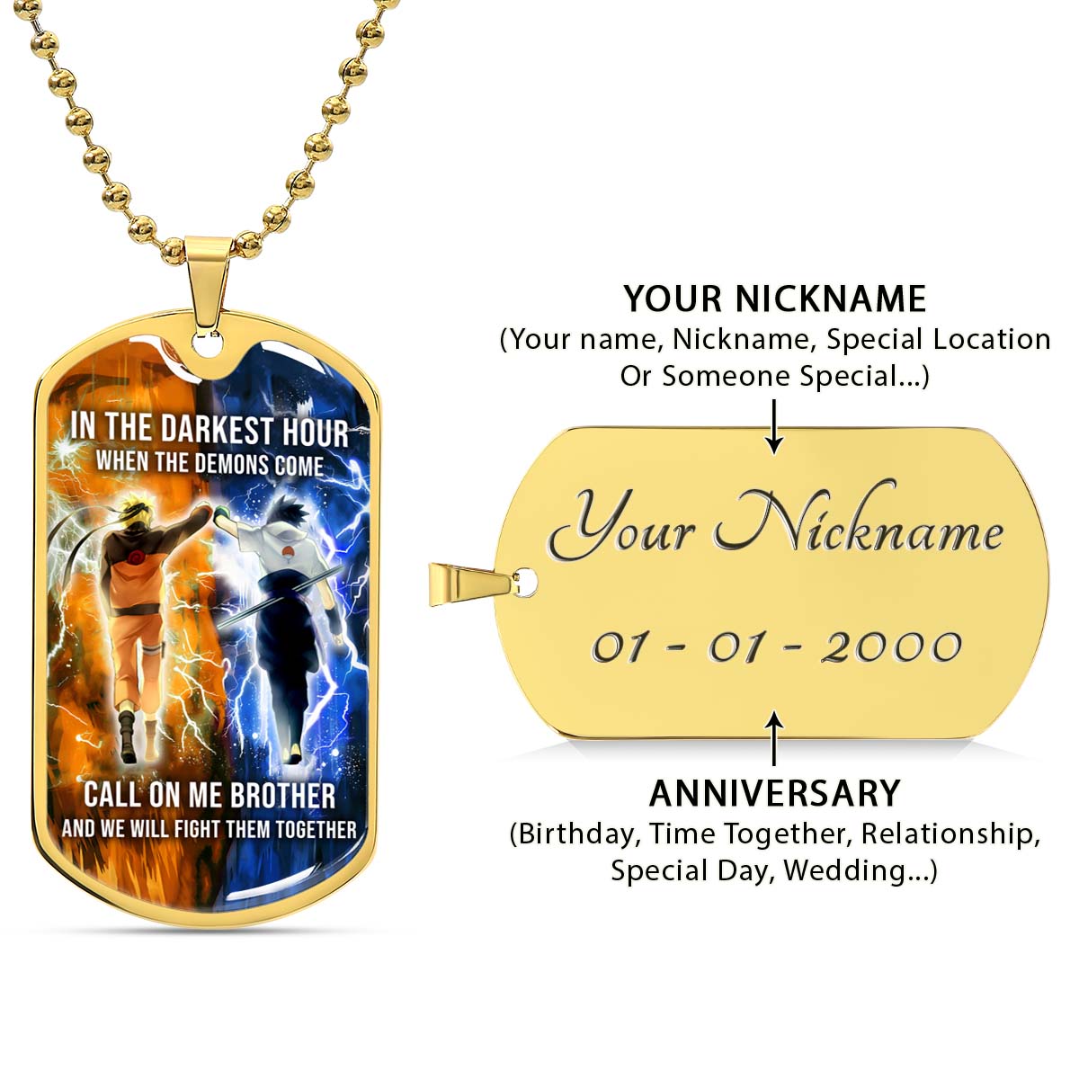 Naruto - NADL002 - Call On me Brother - Uzumaki Naruto  - Uchiha Sasuke - Naruto Dog Tag - Military Ball Chain - Luxury Dog Tag