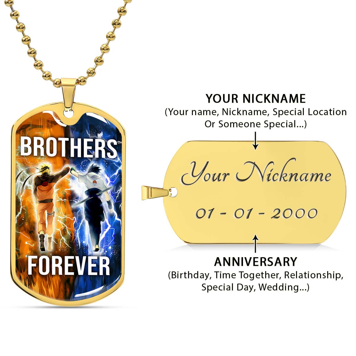 Naruto - NADL003 - Brothers Forever - Uzumaki Naruto  - Uchiha Sasuke - Naruto Dog Tag - Military Ball Chain - Luxury Dog Tag