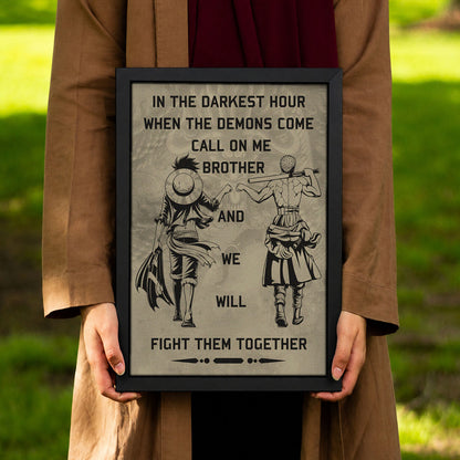One Piece Luffy Zoro Canvas Wall Art - Call On Me Brother - Brotherhood Quote Poster & Framed Ready to Hang Living Room Man Cave Decor - OP001