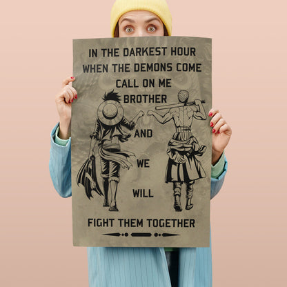 One Piece Luffy Zoro Canvas Wall Art - Call On Me Brother - Brotherhood Quote Poster & Framed Ready to Hang Living Room Man Cave Decor - OP001