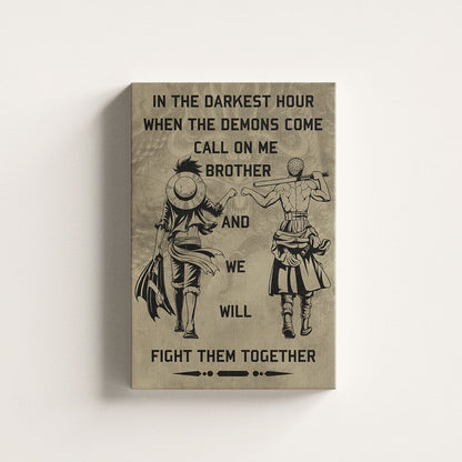 One Piece Luffy Zoro Canvas Wall Art - Call On Me Brother - Brotherhood Quote Poster & Framed Ready to Hang Living Room Man Cave Decor - OP001