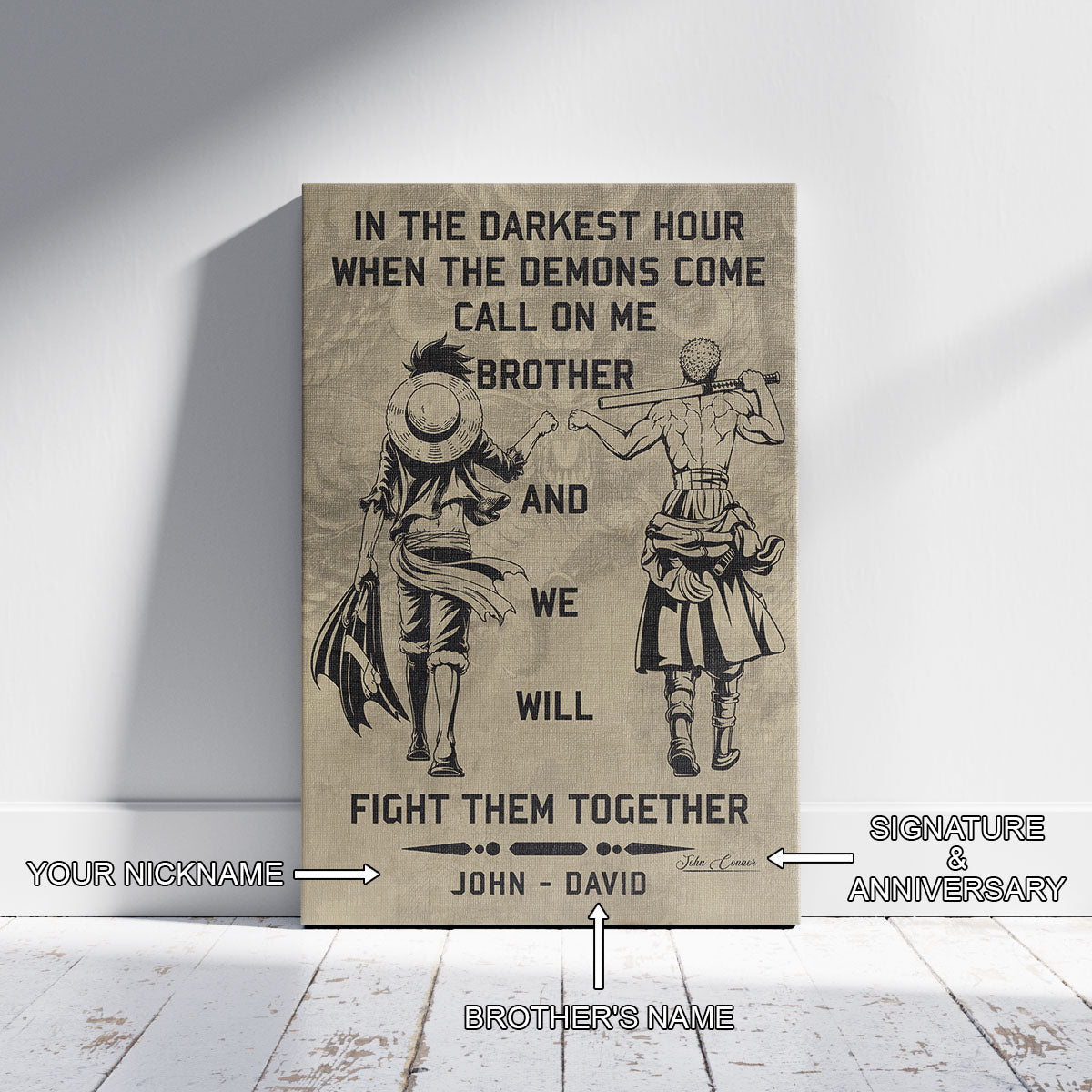 One Piece Luffy Zoro Canvas Wall Art - Call On Me Brother - Brotherhood Quote Poster & Framed Ready to Hang Living Room Man Cave Decor - OP001