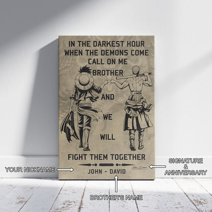One Piece Luffy Zoro Canvas Wall Art - Call On Me Brother - Brotherhood Quote Poster & Framed Ready to Hang Living Room Man Cave Decor - OP001