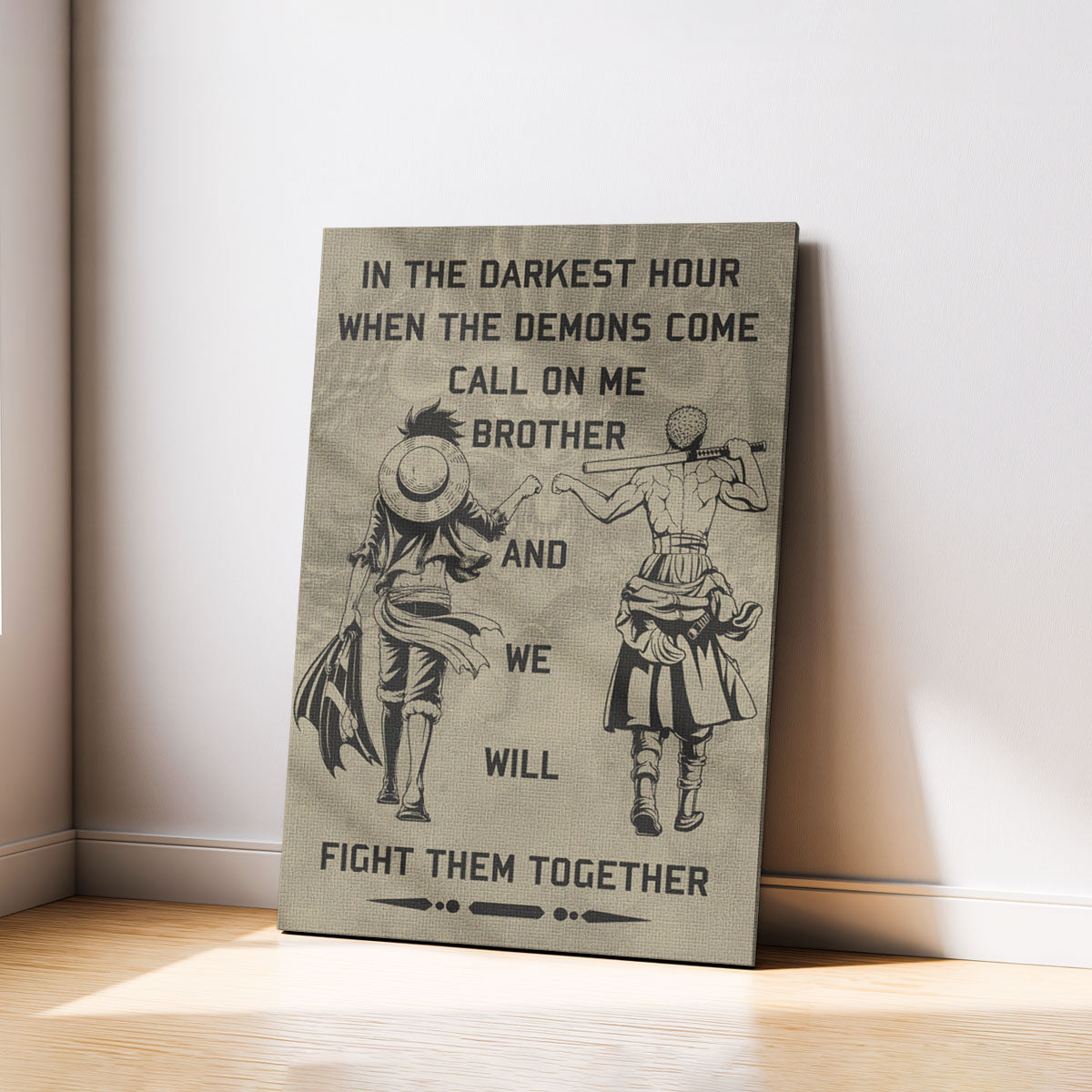 One Piece Luffy Zoro Canvas Wall Art - Call On Me Brother - Brotherhood Quote Poster & Framed Ready to Hang Living Room Man Cave Decor - OP001