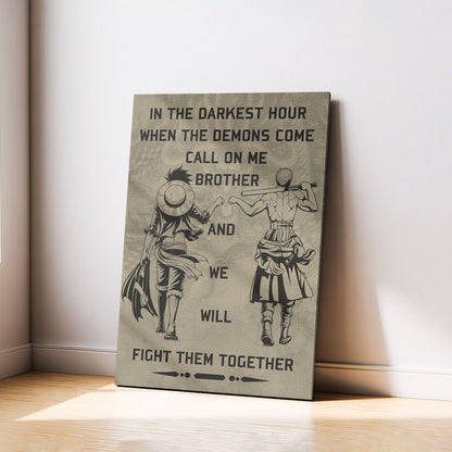 One Piece Luffy Zoro Canvas Wall Art - Call On Me Brother - Brotherhood Quote Poster & Framed Ready to Hang Living Room Man Cave Decor - OP001