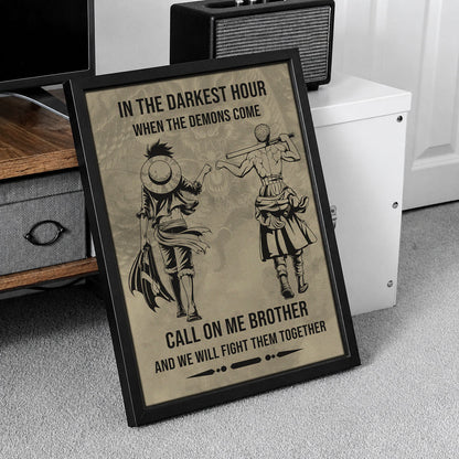One Piece Luffy Zoro Canvas Wall Art - Call On Me Brother - Brotherhood Quote Poster & Framed Ready to Hang Living Room Man Cave Decor - OP002