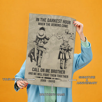 One Piece Luffy Zoro Canvas Wall Art - Call On Me Brother - Brotherhood Quote Poster & Framed Ready to Hang Living Room Man Cave Decor - OP002