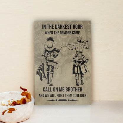 One Piece Luffy Zoro Canvas Wall Art - Call On Me Brother - Brotherhood Quote Poster & Framed Ready to Hang Living Room Man Cave Decor - OP002