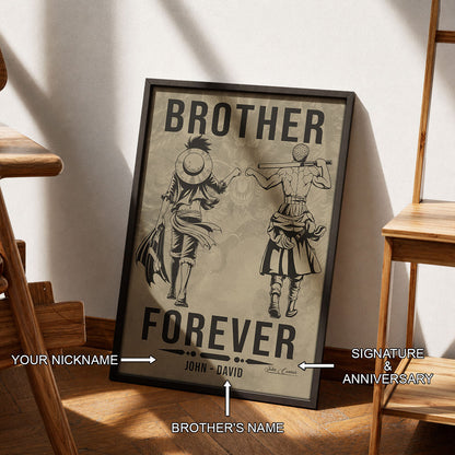 One Piece Luffy Zoro Canvas Wall Art - Brother Forever - Brotherhood Quote Poster & Framed Ready to Hang Living Room Man Cave Decor - OP003