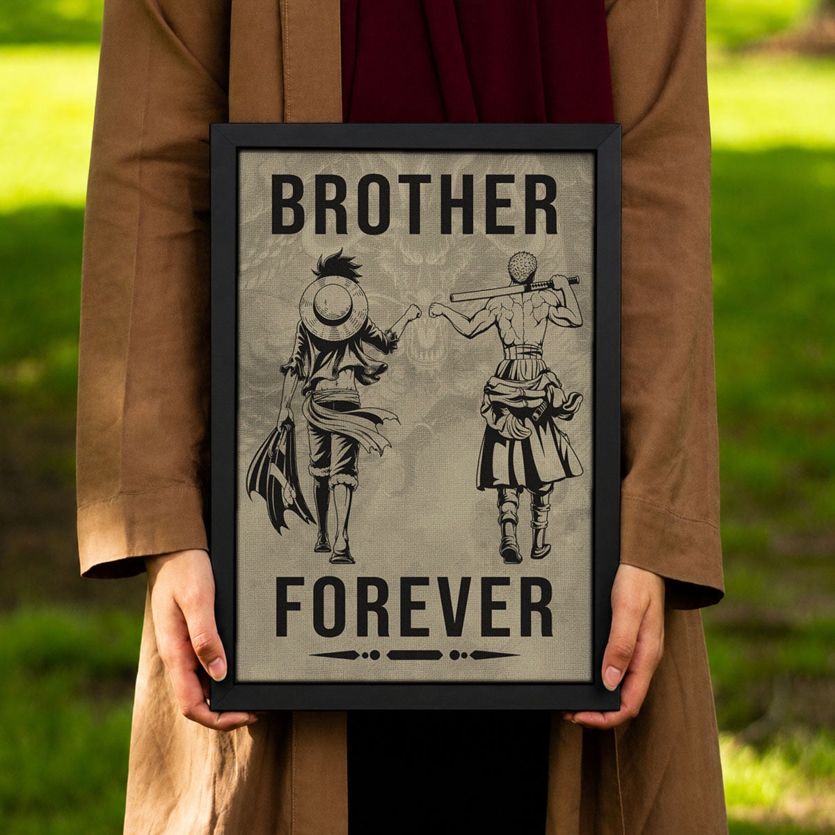 One Piece Luffy Zoro Canvas Wall Art - Brother Forever - Brotherhood Quote Poster & Framed Ready to Hang Living Room Man Cave Decor - OP003