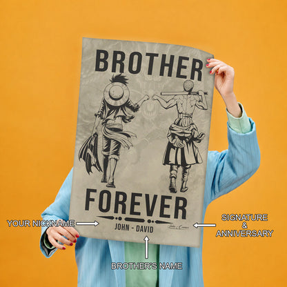 One Piece Luffy Zoro Canvas Wall Art - Brother Forever - Brotherhood Quote Poster & Framed Ready to Hang Living Room Man Cave Decor - OP003