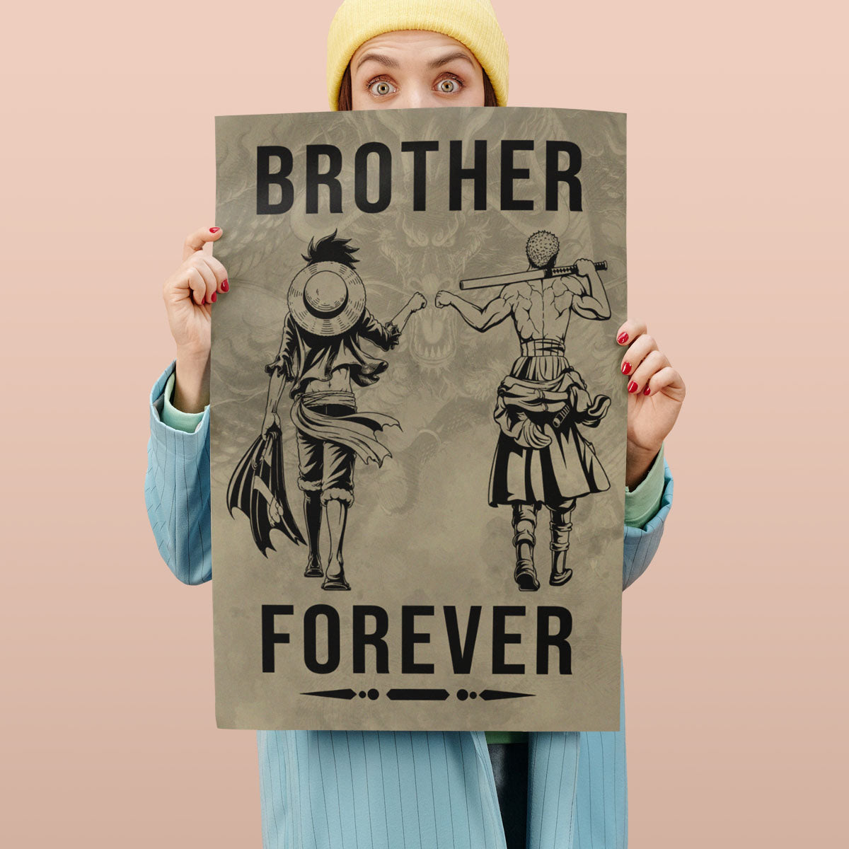 One Piece Luffy Zoro Canvas Wall Art - Brother Forever - Brotherhood Quote Poster & Framed Ready to Hang Living Room Man Cave Decor - OP003