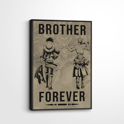 One Piece Luffy Zoro Canvas Wall Art - Brother Forever - Brotherhood Quote Poster & Framed Ready to Hang Living Room Man Cave Decor - OP003