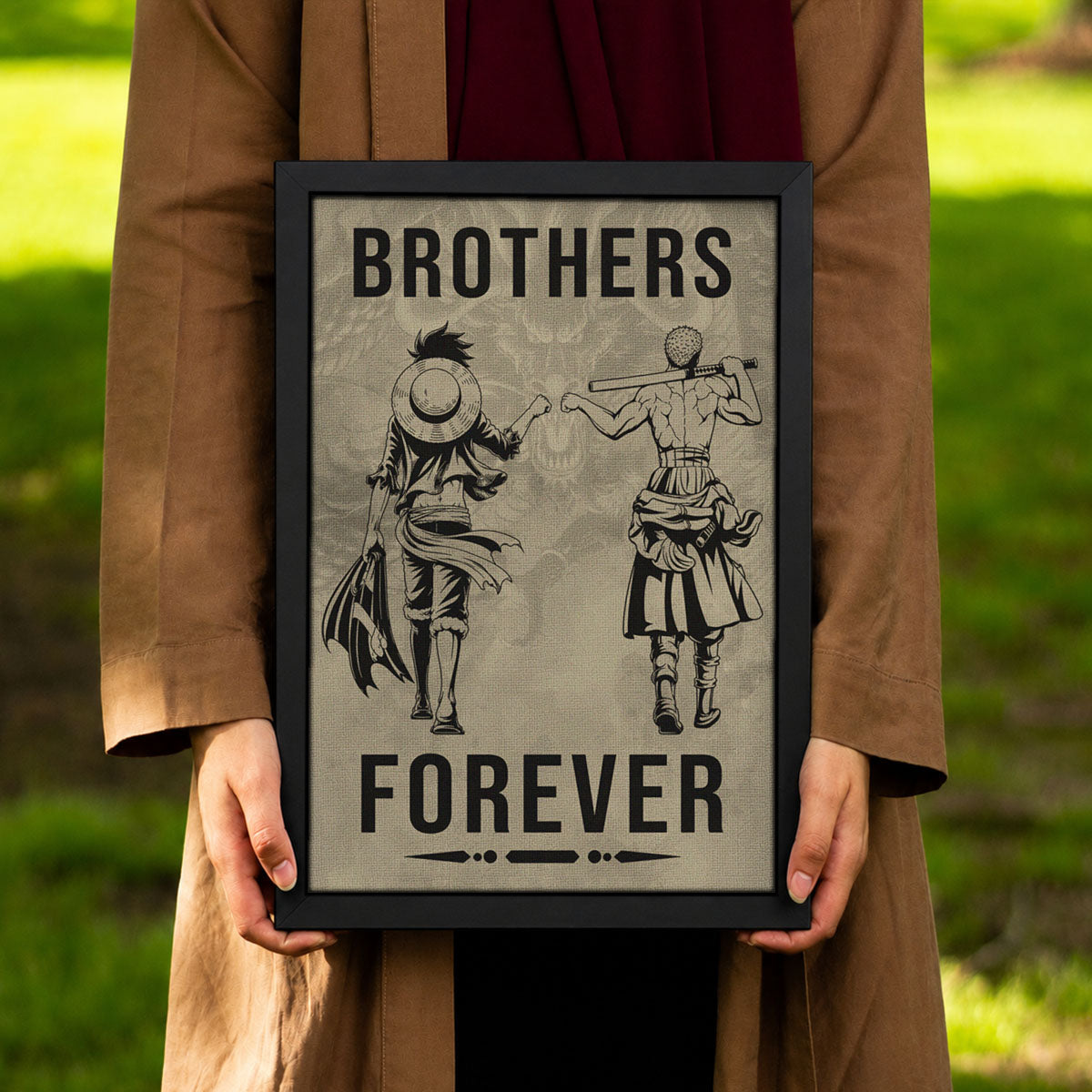 One Piece Luffy Zoro Canvas Wall Art - Brothers Forever - Brotherhood Quote Poster & Framed Ready to Hang Living Room Man Cave Decor - OP004