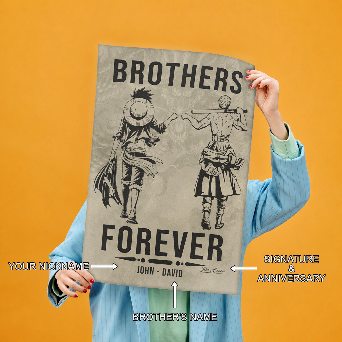 One Piece Luffy Zoro Canvas Wall Art - Brothers Forever - Brotherhood Quote Poster & Framed Ready to Hang Living Room Man Cave Decor - OP004