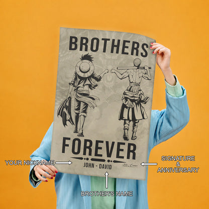 One Piece Luffy Zoro Canvas Wall Art - Brothers Forever - Brotherhood Quote Poster & Framed Ready to Hang Living Room Man Cave Decor - OP004