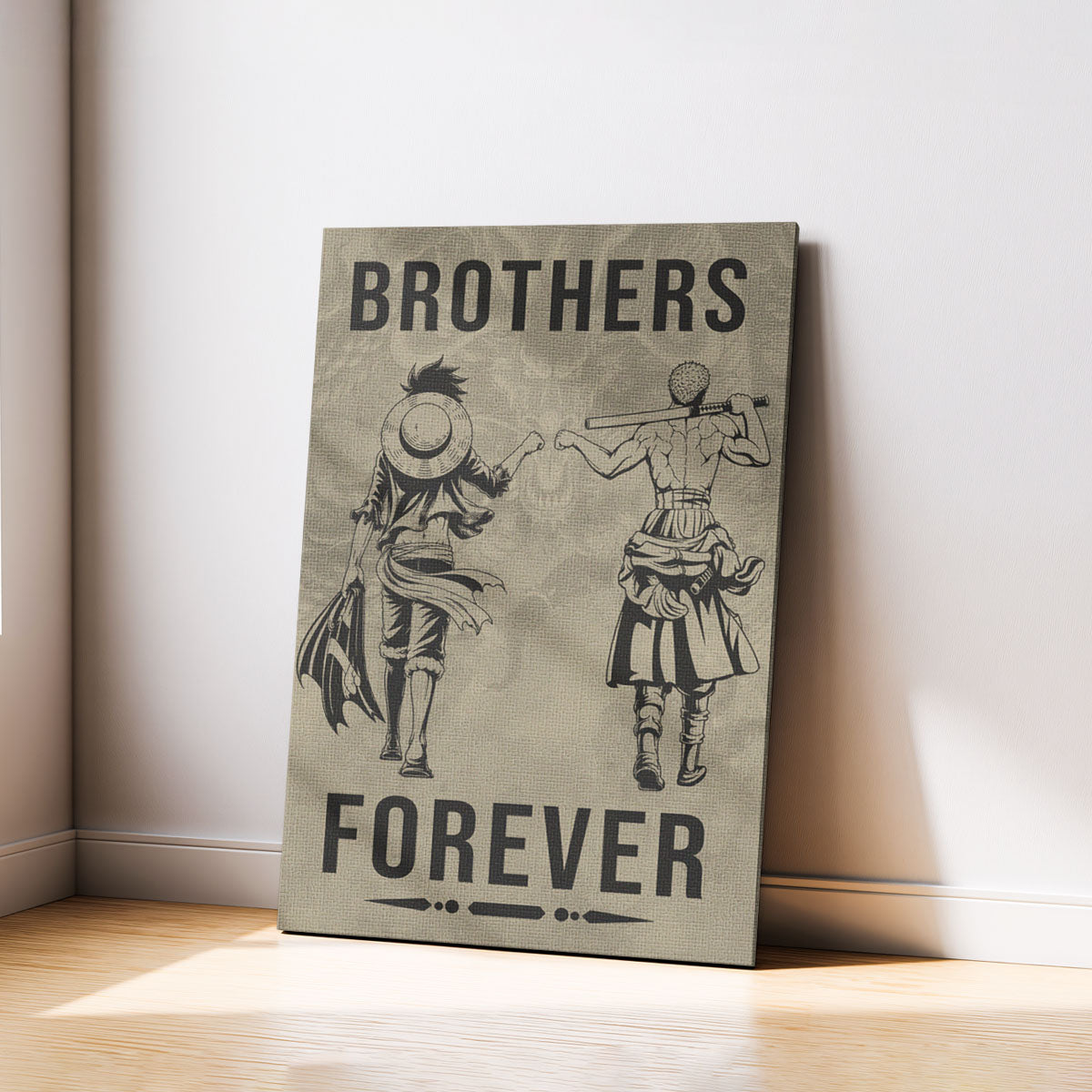 One Piece Luffy Zoro Canvas Wall Art - Brothers Forever - Brotherhood Quote Poster & Framed Ready to Hang Living Room Man Cave Decor - OP004