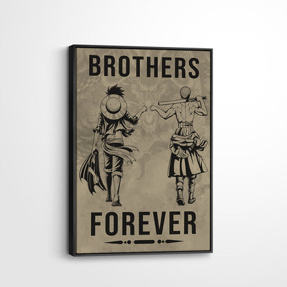 One Piece Luffy Zoro Canvas Wall Art - Brothers Forever - Brotherhood Quote Poster & Framed Ready to Hang Living Room Man Cave Decor - OP004