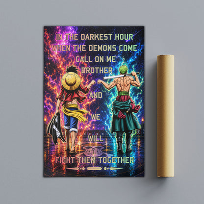 One Piece Luffy Zoro Canvas Wall Art - Call On Me Brother - Brotherhood Quote Poster & Framed Ready to Hang Living Room Man Cave Decor - OP005
