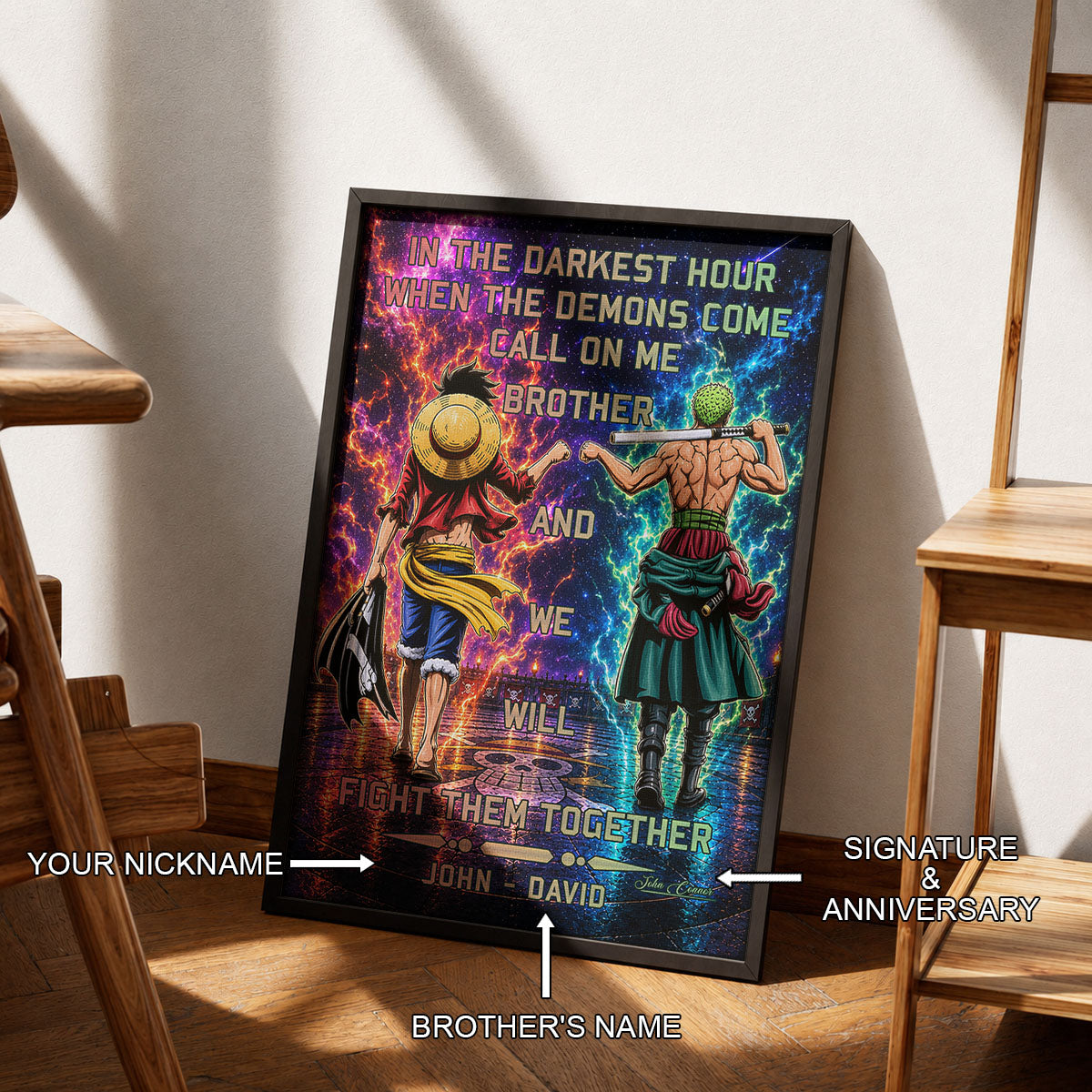 One Piece Luffy Zoro Canvas Wall Art - Call On Me Brother - Brotherhood Quote Poster & Framed Ready to Hang Living Room Man Cave Decor - OP005