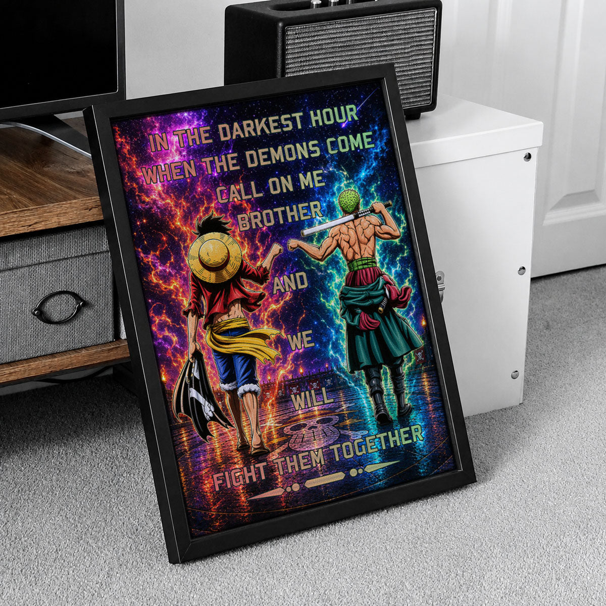 One Piece Luffy Zoro Canvas Wall Art - Call On Me Brother - Brotherhood Quote Poster & Framed Ready to Hang Living Room Man Cave Decor - OP005