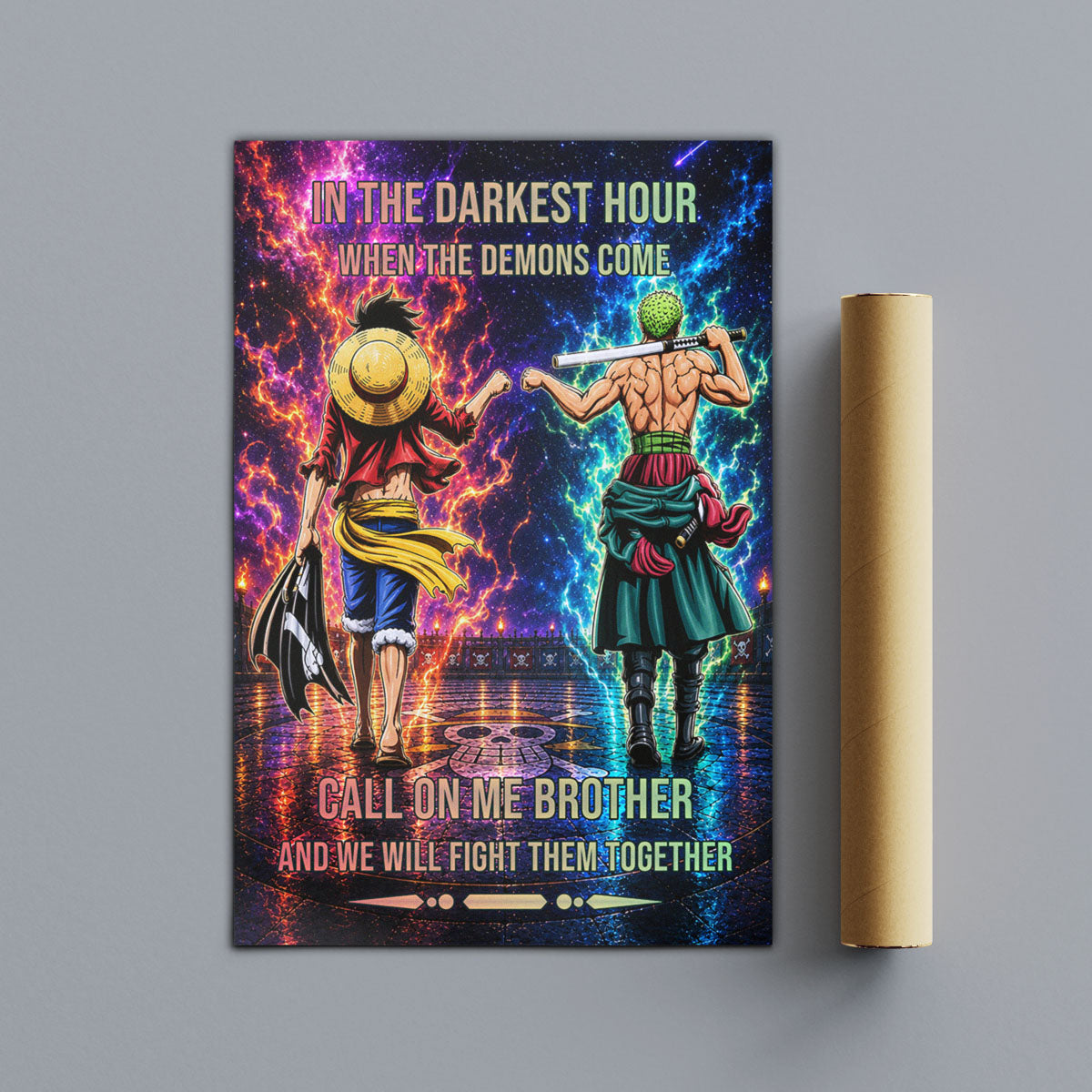One Piece Luffy Zoro Canvas Wall Art - Call On Me Brother - Brotherhood Quote Poster & Framed Ready to Hang Living Room Man Cave Decor - OP006