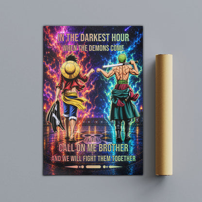 One Piece Luffy Zoro Canvas Wall Art - Call On Me Brother - Brotherhood Quote Poster & Framed Ready to Hang Living Room Man Cave Decor - OP006