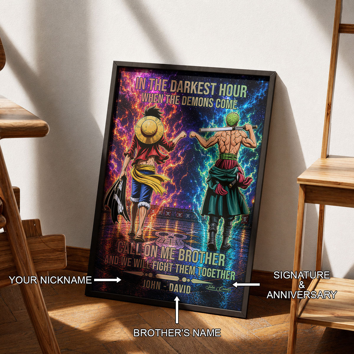 One Piece Luffy Zoro Canvas Wall Art - Call On Me Brother - Brotherhood Quote Poster & Framed Ready to Hang Living Room Man Cave Decor - OP006