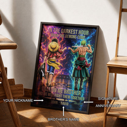 One Piece Luffy Zoro Canvas Wall Art - Call On Me Brother - Brotherhood Quote Poster & Framed Ready to Hang Living Room Man Cave Decor - OP006