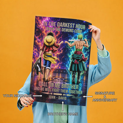 One Piece Luffy Zoro Canvas Wall Art - Call On Me Brother - Brotherhood Quote Poster & Framed Ready to Hang Living Room Man Cave Decor - OP006