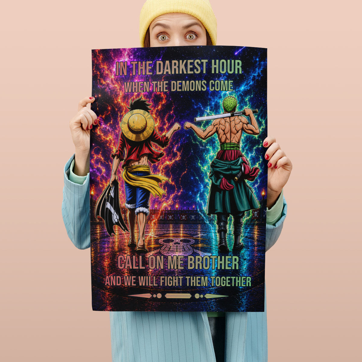 One Piece Luffy Zoro Canvas Wall Art - Call On Me Brother - Brotherhood Quote Poster & Framed Ready to Hang Living Room Man Cave Decor - OP006