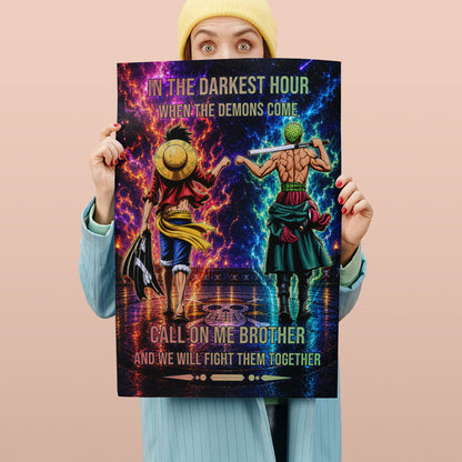 One Piece Luffy Zoro Canvas Wall Art - Call On Me Brother - Brotherhood Quote Poster & Framed Ready to Hang Living Room Man Cave Decor - OP006