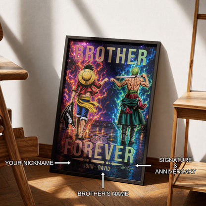 One Piece Luffy Zoro Canvas Wall Art - Brother Forever - Brotherhood Quote Poster & Framed Ready to Hang Living Room Man Cave Decor - OP007