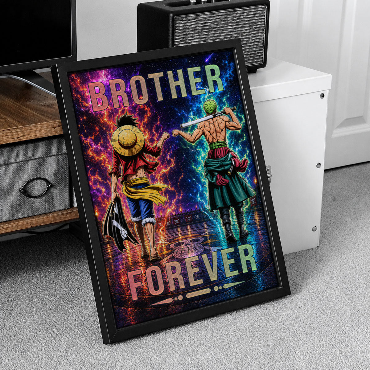 One Piece Luffy Zoro Canvas Wall Art - Brother Forever - Brotherhood Quote Poster & Framed Ready to Hang Living Room Man Cave Decor - OP007
