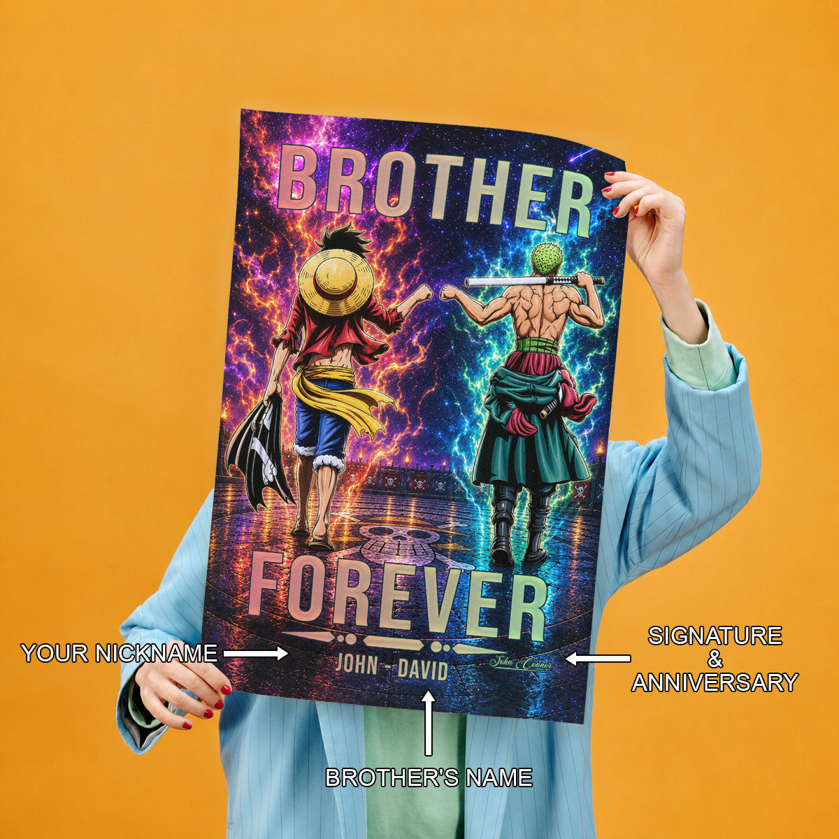 One Piece Luffy Zoro Canvas Wall Art - Brother Forever - Brotherhood Quote Poster & Framed Ready to Hang Living Room Man Cave Decor - OP007