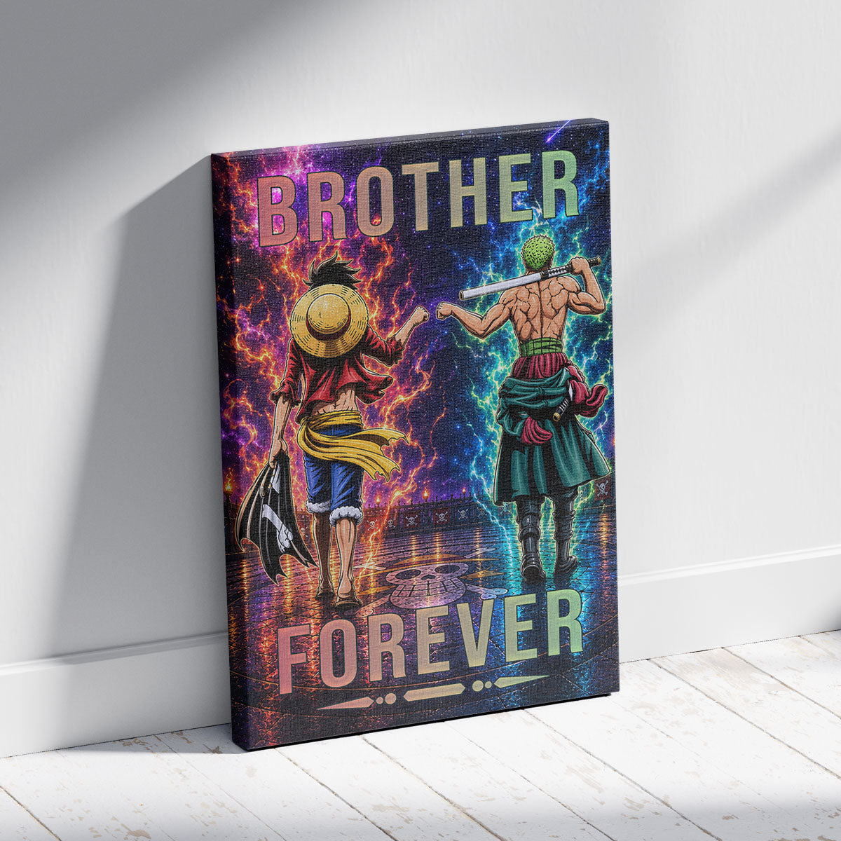 One Piece Luffy Zoro Canvas Wall Art - Brother Forever - Brotherhood Quote Poster & Framed Ready to Hang Living Room Man Cave Decor - OP007