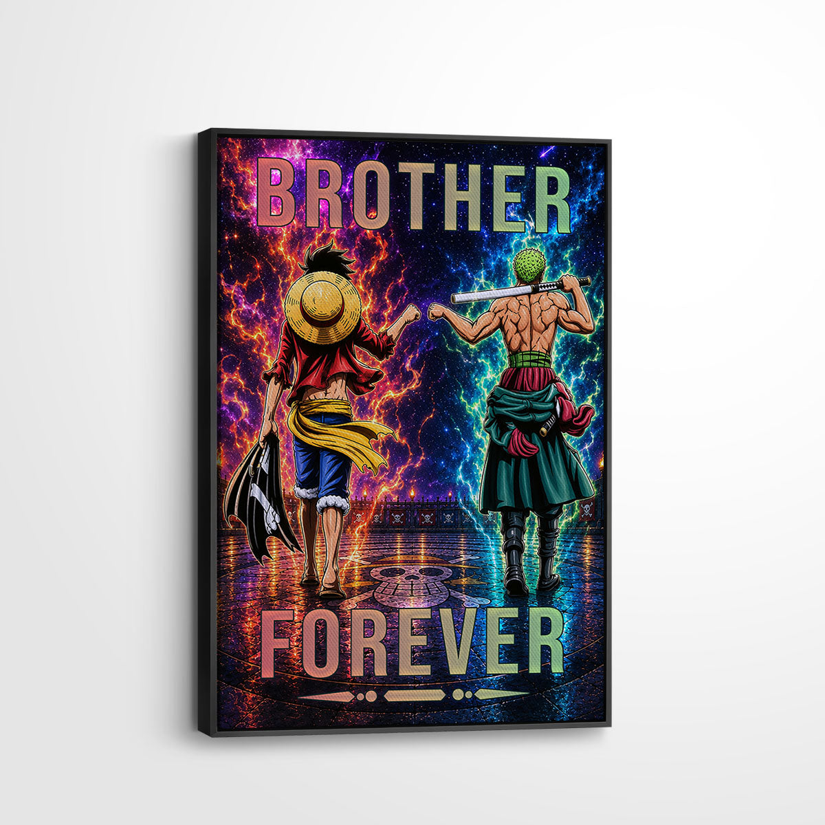 One Piece Luffy Zoro Canvas Wall Art - Brother Forever - Brotherhood Quote Poster & Framed Ready to Hang Living Room Man Cave Decor - OP007