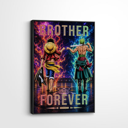 One Piece Luffy Zoro Canvas Wall Art - Brother Forever - Brotherhood Quote Poster & Framed Ready to Hang Living Room Man Cave Decor - OP007