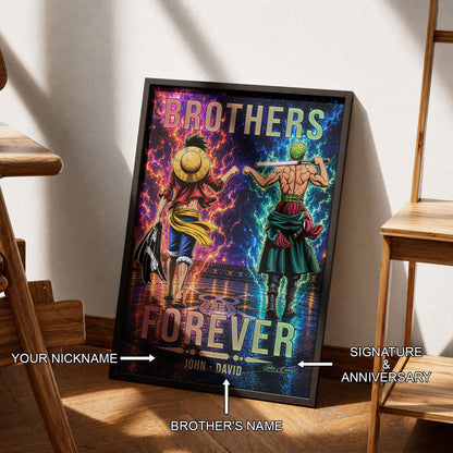 One Piece Luffy Zoro Canvas Wall Art - Brothers Forever - Brotherhood Quote Poster & Framed Ready to Hang Living Room Man Cave Decor - OP008