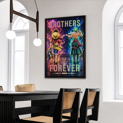 One Piece Luffy Zoro Canvas Wall Art - Brothers Forever - Brotherhood Quote Poster & Framed Ready to Hang Living Room Man Cave Decor - OP008