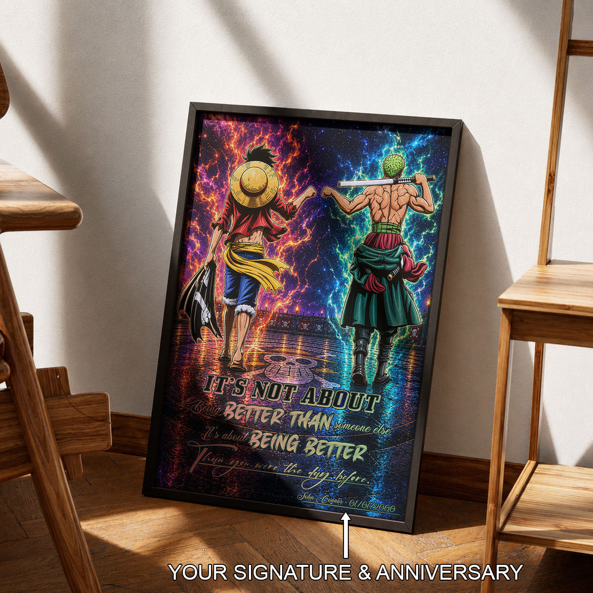 One Piece Luffy Zoro Canvas Wall Art - Being Better Than Yesterday - Motivational Quote Poster & Framed Ready to Hang Living Room Man Cave Decor - OP009