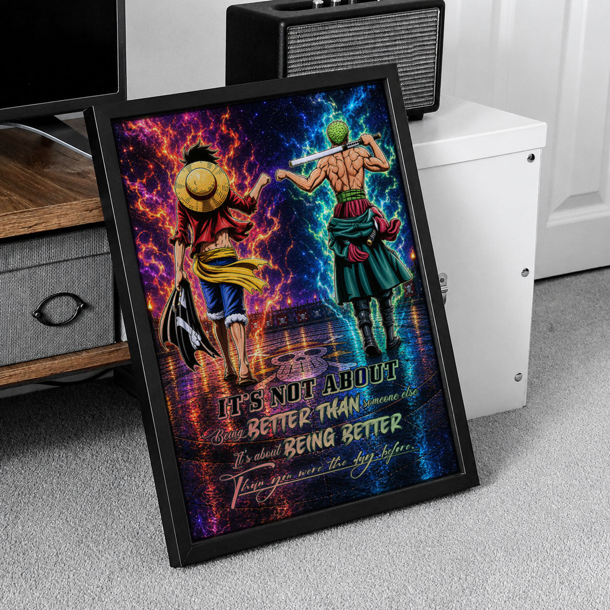 One Piece Luffy Zoro Canvas Wall Art - Being Better Than Yesterday - Motivational Quote Poster & Framed Ready to Hang Living Room Man Cave Decor - OP009