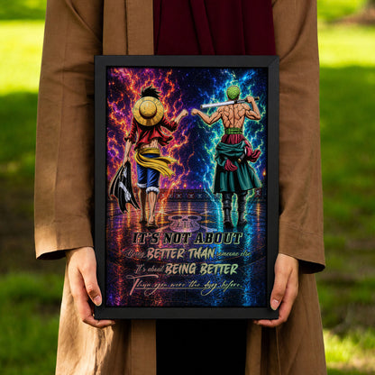 One Piece Luffy Zoro Canvas Wall Art - Being Better Than Yesterday - Motivational Quote Poster & Framed Ready to Hang Living Room Man Cave Decor - OP009