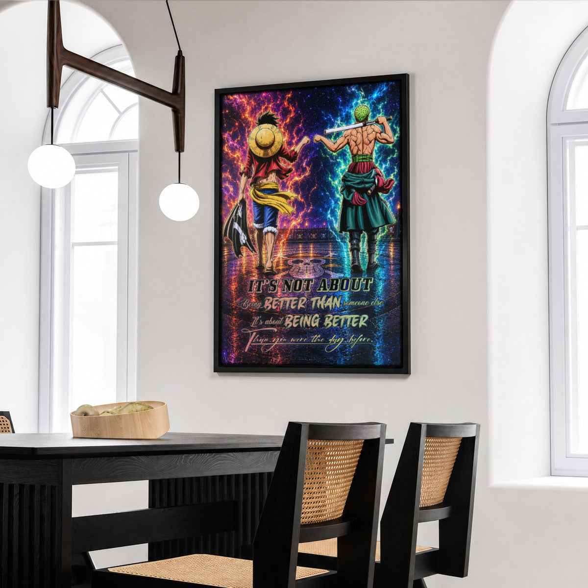 One Piece Luffy Zoro Canvas Wall Art - Being Better Than Yesterday - Motivational Quote Poster & Framed Ready to Hang Living Room Man Cave Decor - OP009