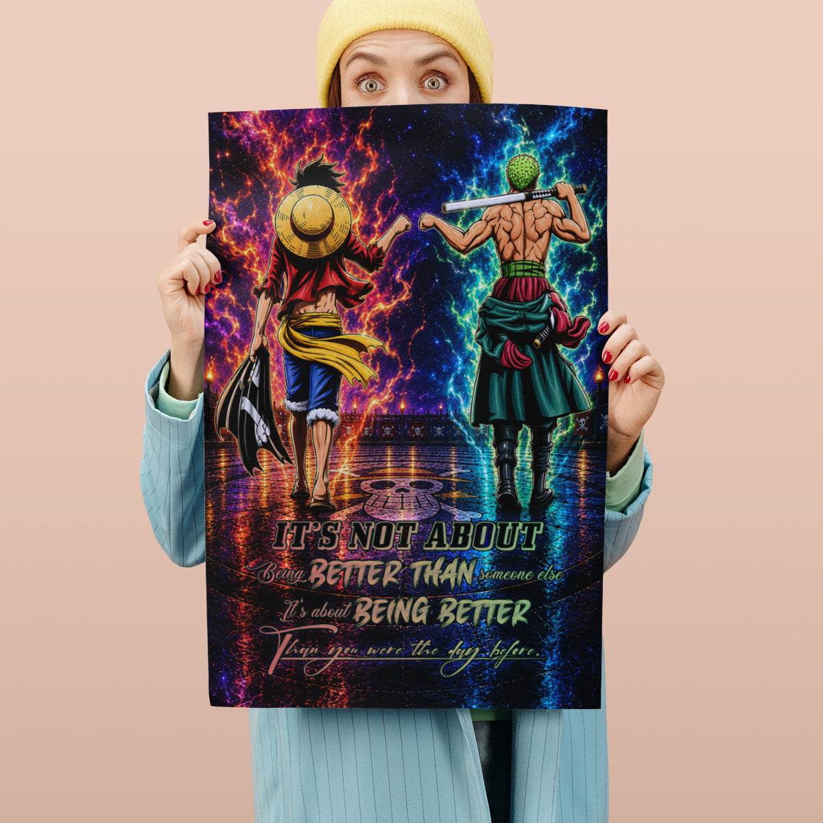 One Piece Luffy Zoro Canvas Wall Art - Being Better Than Yesterday - Motivational Quote Poster & Framed Ready to Hang Living Room Man Cave Decor - OP009