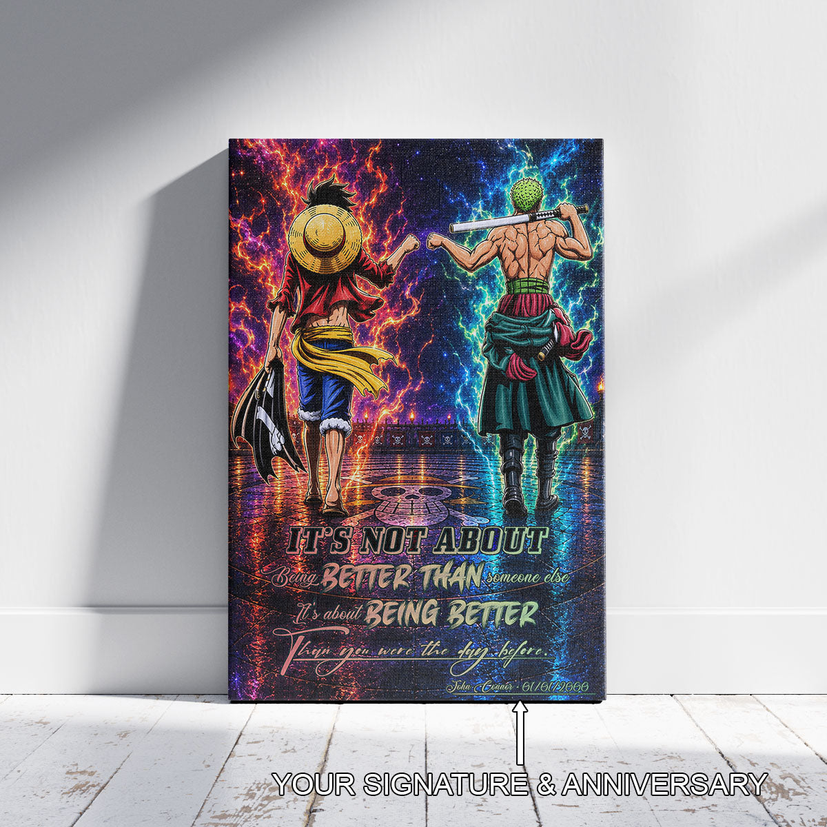 One Piece Luffy Zoro Canvas Wall Art - Being Better Than Yesterday - Motivational Quote Poster & Framed Ready to Hang Living Room Man Cave Decor - OP009