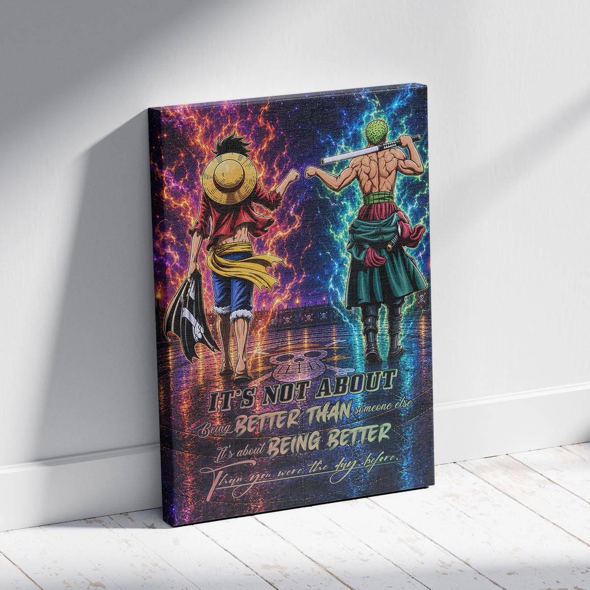 One Piece Luffy Zoro Canvas Wall Art - Being Better Than Yesterday - Motivational Quote Poster & Framed Ready to Hang Living Room Man Cave Decor - OP009